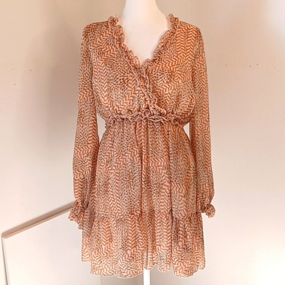 Aakaa Boho Women's Mini V-Neck Dress  Flowy Size S Orange Cream
